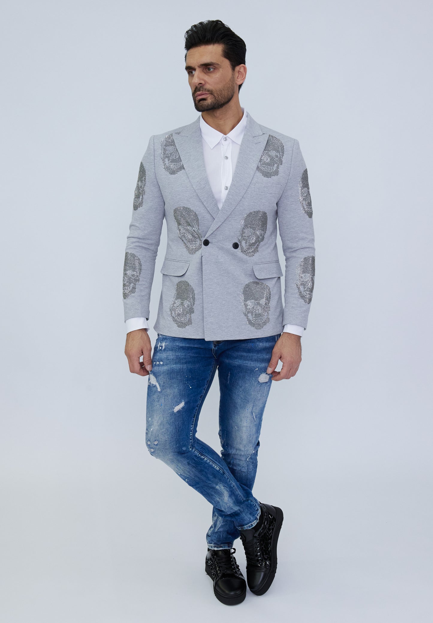 DENIM DISTRIQT men's jacket, jersey blazer, rhinestone skull motifs, model DQT4, black or gray 