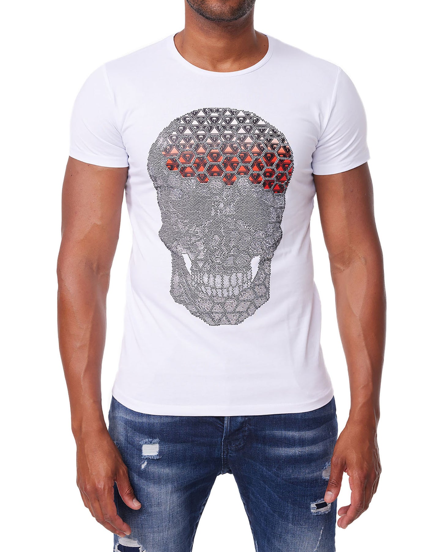 Herren T-Shirt, Body Fit, Strass Druck "Totenkopf", Modell T18, Weiß