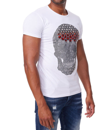 Herren T-Shirt, Body Fit, Strass Druck "Totenkopf", Modell T18, Weiß