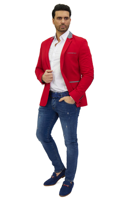 DENIM DISTRIQT Herren Sakko, Jersey Blazer, Slim Fit, Modell DQ1308, Rot