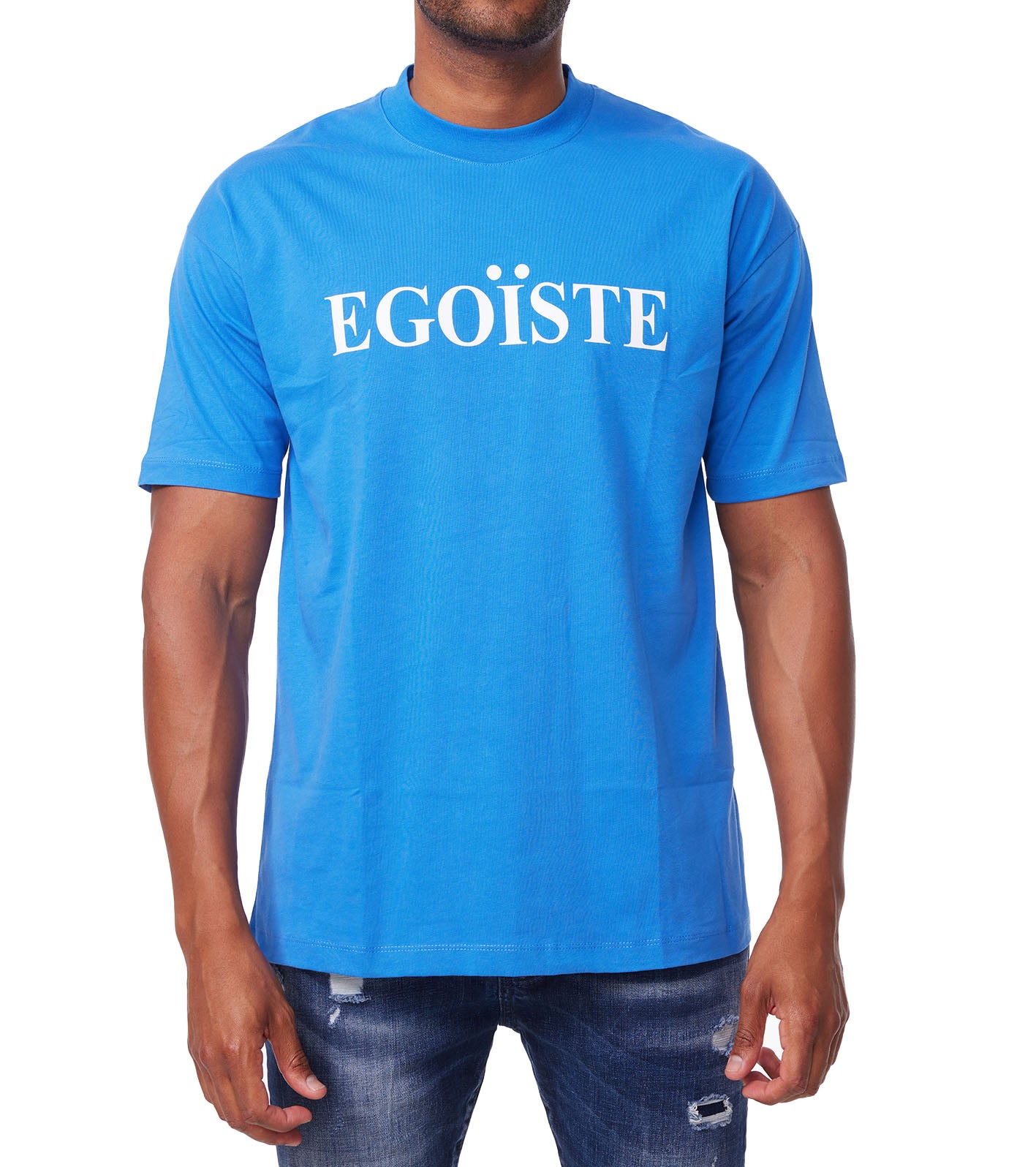 Men's T-shirt, oversize fit, "EGOISTE" print on the front, model 1195, blue