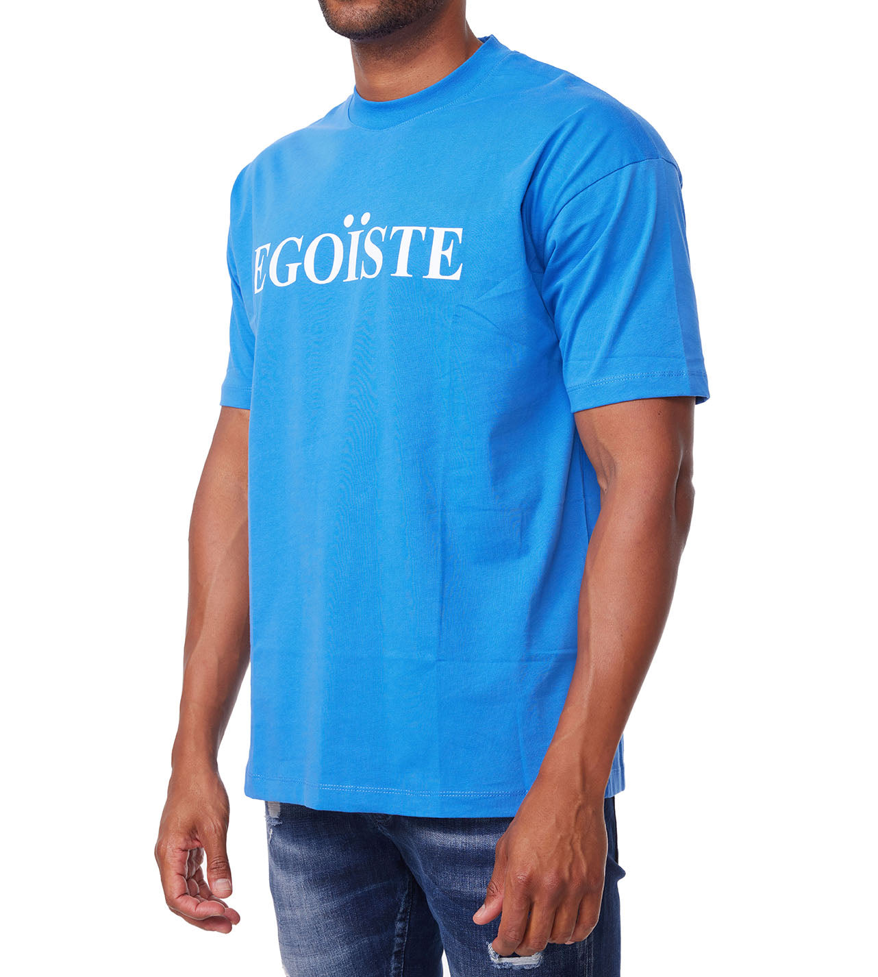 Men's T-shirt, oversize fit, "EGOISTE" print on the front, model 1195, blue