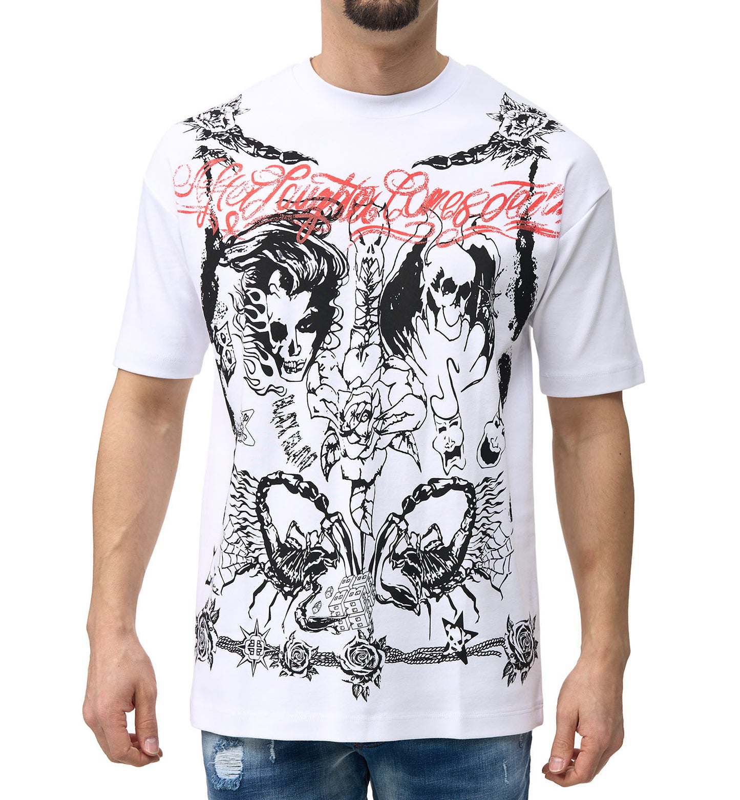 Men's T-shirt, oversize fit, all-over print, model 1375, white or black