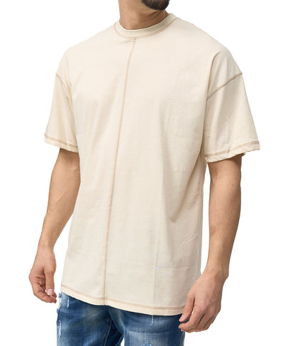 Men's t-shirt, oversize fit, with contrast stitching, model Y139, white or beige